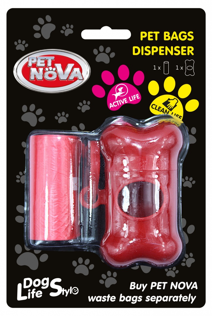 PET NOVA Dávkovač na sáčky na exkrementy + role sáčků 20 ks červený