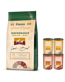 FITMIN Dog Medium Maxi Performance Lamb&Beef 12 kg + 4 konzervy ZDARMA
