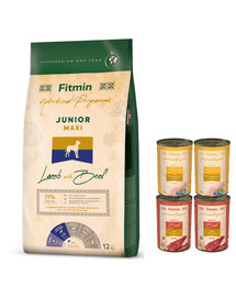 FITMIN Dog Maxi Junior Lamb&Beef 12 kg + 4 konzervy ZDARMA