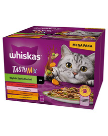 WHISKAS Adult Tasty Mix Výběr šéfkuchaře v omáčce 48x85 g kousků s hovězím, lososem, kuřecím a krůtím masem, kuřecím masem a treskou pro dospělé kočky