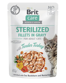 BRIT CARE Fillets in Gravy Pouch Sterilized Tender Turkey 24x85g s krůtou pro sterilizované kočky