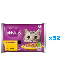 WHISKAS Adult 52x85 g Drůbeží hody mokré krmivo pro dospělé kočky v omáčce s: kuřecím masem, krůtím masem