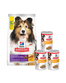 HILL'S Canine Adult Sensitive Stomach & Skin 14 kg + 3 konzervy ZDARMA
