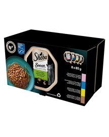 SHEBA Sauce Collection Výběr příchutí 8x85g tácky v omáčce s lososem, tuňákem, kuřecím masem, kachnou