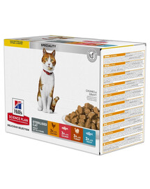 HILL'S Science Plan Feline Young Adult Sterilised Cat Multipack s kuřecím, s pstruhem, s tuňákem, s lososem 12x85 g
