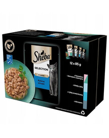SHEBA Selection Rybí Smaki v omáčce 12x85g mokré krmivo s lososem a černou treskou, bílá ryba, mořské ryby, treska pro kočky