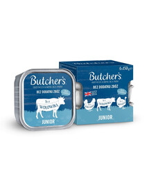 BUTCHER'S Original Junior Smíšené příchutě 4x150 g kuřecí, hovězí a krůtí paštiky pro štěňata