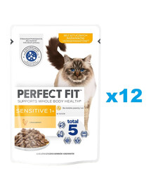 PERFECT FIT Sensitive 1+ 12 kapsiček s kompletním mokrým krmivem pro dospělé kočky s kuřecím masem v omáčce po 85 g