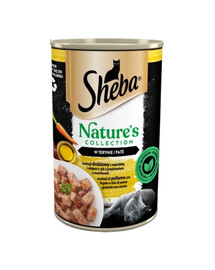 SHEBA konzerva 400 g Nature's Collection drůbeží koktejl s játry a rybím olejem s mrkvovou oblohou v terině