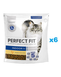 PERFECT FIT Indoor 1+ 6x750 g Kompletní krmivo pro dospělé kočky, bohaté na kuřecí maso