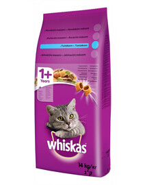 WHISKAS Adult 14kg krmivo s tuňákem a zeleninou + WHISKAS Adult 12x85g Rybí pochoutky v želé s: lososem, tuňákem