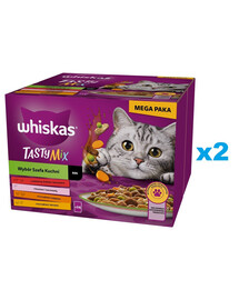 WHISKAS Adult Tasty Mix Výběr šéfkuchaře v omáčce, 48 × 85 g, kousky s hovězím masem, lososem, kuřecím masem a krůtím masem, kuřecím masem a treskou pro dospělé kočky
