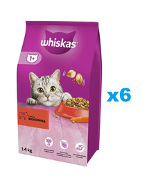 WHISKAS Adult 6x1,4 kg Kompletní krmivo pro dospělé kočky s lahodným hovězím masem
