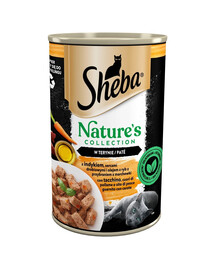 SHEBA konzerva 400g Nature's Collection s krůtím, drůbežím srdcem a rybím olejem s mrkvovou oblohou v terině