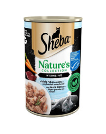 SHEBA konzerva 400g Nature's Collection s bílou rybou a játry s mrkvovou oblohou v terině