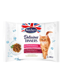 BUTCHER'S Delicious Dinners Želé kousky pro dospělé kočky 4x100g s kuřecím masem a játry, s kuřecím masem a hovězím masem