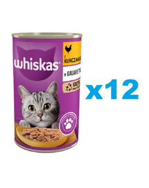WHISKAS Adult konzerva 12x400 g kompletní mokré krmivo pro dospělé kočky, kousky s kuřecím masem v želé