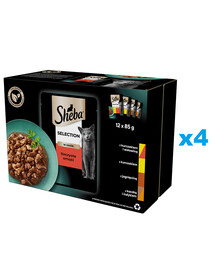 SHEBA Selection šťavnaté Smaki kapsičky 48x85 g kompletní krmivo pro dospělé kočky v omáčce, kousky s kuřecím a hovězím masem, kuřecím, jehněčím, kachním a krůtím masem