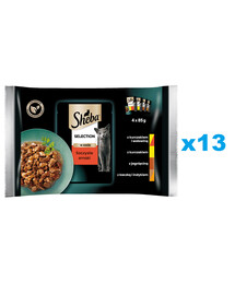 SHEBA Selection šťavnaté Smaki kapsičky 52x85 g kompletní krmivo pro dospělé kočky v omáčce, kousky s kuřecím a hovězím masem, kuřecím, jehněčím, kachním a krůtím masem