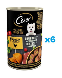 CESAR Natural Goodness v konzervě 6x400g bohaté na kuřecí maso s batáty, hráškem a brusinkami