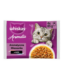 WHISKAS Adult Aromatic Mixture 4 sáčky po 85 g kompletní mokré krmivo pro dospělé kočky, v omáčce s kousky: glazovaného vepřového masa a mrkve, s kousky mořských ryb ve vývaru