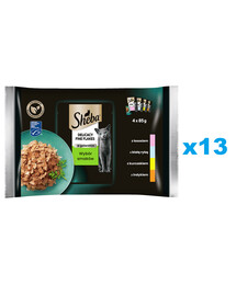 SHEBA Delicacy Fine Flakes výběr příchutí sáčky 52x85 g kompletní krmivo pro dospělé kočky v kouscích želé s: lososem, bílou rybou, kuřecím masem, krůtím masem