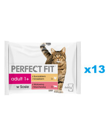 PERFECT FIT Adult 52x85g kapsiček krmiva pro kočky v omáčce s kuřecím masem a hráškem, s hovězím masem a mrkví