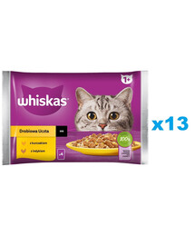 WHISKAS Adult sáček 52×85 g Drůbeží hostina mokré krmivo pro dospělé kočky v omáčce s: kuřecím masem, krůtím masem