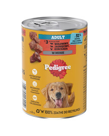 PEDIGREE Adult 400 g konzerva pro dospělé psy se 3 druhy: hovězím, jehněčím a kuřecím, v paštice