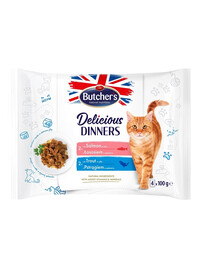 BUTCHER'S Delicious Dinners Želé kousky pro dospělé kočky 4x100g s lososem, se pstruhem