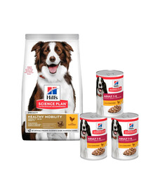 HILL'S Science Plan Canine Adult Healthy Mobility Medium Chicken 14 kg krmivo pro psy středních plemen kuře podpora kloubů + 3 konzervy ZDARMA