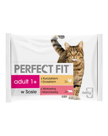 Perfect Fit Kot Adult Beef and Chicken 4x85g - krmivo pro kočky v hovězí a mrkvové omáčce, kuřecím masem a hráškem 340g