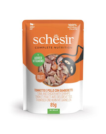 SCHESIR Jelly Adult Tuňák a kuře s krevetami v želé pro kočky 85 g