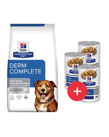 HILL'S Prescription Diet Canine Derm Complete 12 kg krmivo pro posílení pleti psa + 3 konzervy ZDARMA