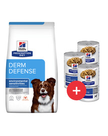 HILL'S Prescription Diet Canine Derm Defense 12 kg pro psy s alergiemi + 3 konzervy ZDARMA