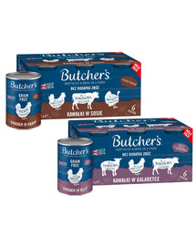 BUTCHER'S Original Recipe Mix chutí 12x400 v omáčce (s hovězím, krůtím a kuřecím masem), v želé (s hovězím, jehněčím a kuřecím masem)