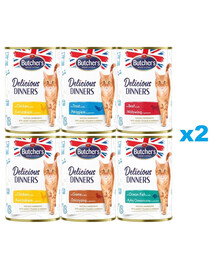 BUTCHER'S Delicious Dinners Mix chutí v želé 12x400g kousků s kuřecím masem, zvěřinou, pstruhem, mořskými rybami, hovězím masem
