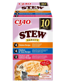INABA Cat Ciao Stew Creamy Variety 10x40g mix pamlsků s kuřecím masem, tuňákem a lososem v krémové omáčce