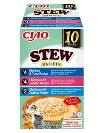INABA Cat Ciao Stew Creamy Variety 10x40g mix pamlsků s kuřecím masem, rybou a hřebenatkami v krémové omáčce