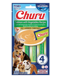 INABA Dog Churu Fish Based Salmon with Vegetables Recipe 4x14g krémové pamlsky s lososem a zeleninou pro psy