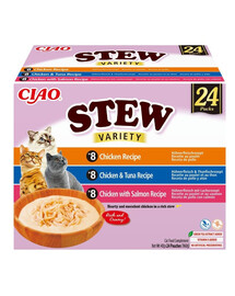 INABA Cat Ciao Stew Creamy Variety 24x40g mix pamlsků s kuřecím, tuňákem a lososem v krémové omáčce