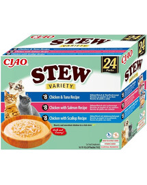 INABA Cat Ciao Stew Creamy Variety 24x40g mix pamlsků s kuřecím masem, rybou a hřebenatkami v krémové omáčce