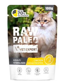 RAW PALEO Monoprotein Adult Sterilised Chicken 100 g pro dospělé a sterilizované kočky s kuřecím masem