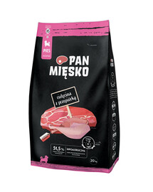 PAN MIĘSKO Telecí s křepelkou pro štěňata křupky XS 20 kg