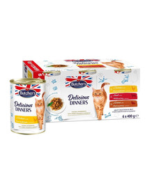 BUTCHER'S Delicious Dinners Kočičí masový výběr v želé 6x400g kousků v želé s kuřecím masem, hovězím masem a zvěřinou pro kočky