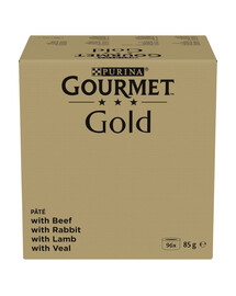 GOURMET Gold Mousse 96x85g s hovězím, králičím, jehněčím a telecím masem, mokré krmivo pro kočky