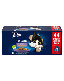 FELIX Fantastický výběr příchutí v želé 44x85g Hovězí, Kuřecí, Losos a Tuňák, Mokré krmivo pro kočky