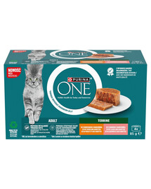 PURINA ONE Adult Terrine 4x85g s kuřetem a mrkví a s lososem a mrkví Kapsičky pro kočky