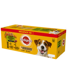 PEDIGREE Adult Selection of Flavors se zeleninou 120x100 g sáčky kompletní mokré krmivo pro dospělé psy, se směsí hovězího a jehněčího masa, se směsí hovězího masa a jater, s kuřecím masem, s krůtím masem, v omáčce + 40 sáčků ZDARMA