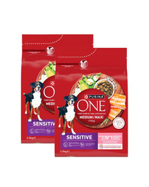 PURINA ONE Medium Maxi Adult Sensitive Salmon and Rice 2x2,5 kg s lososem a rýží granule pro střední a velké psy s citlivým zažíváním